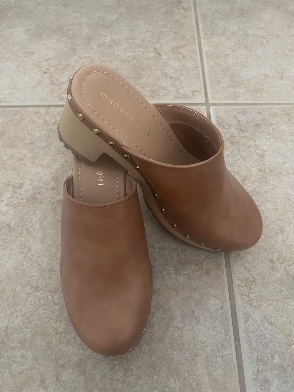 Madden Girl Tan Stud-Trim Leather Clog Mules